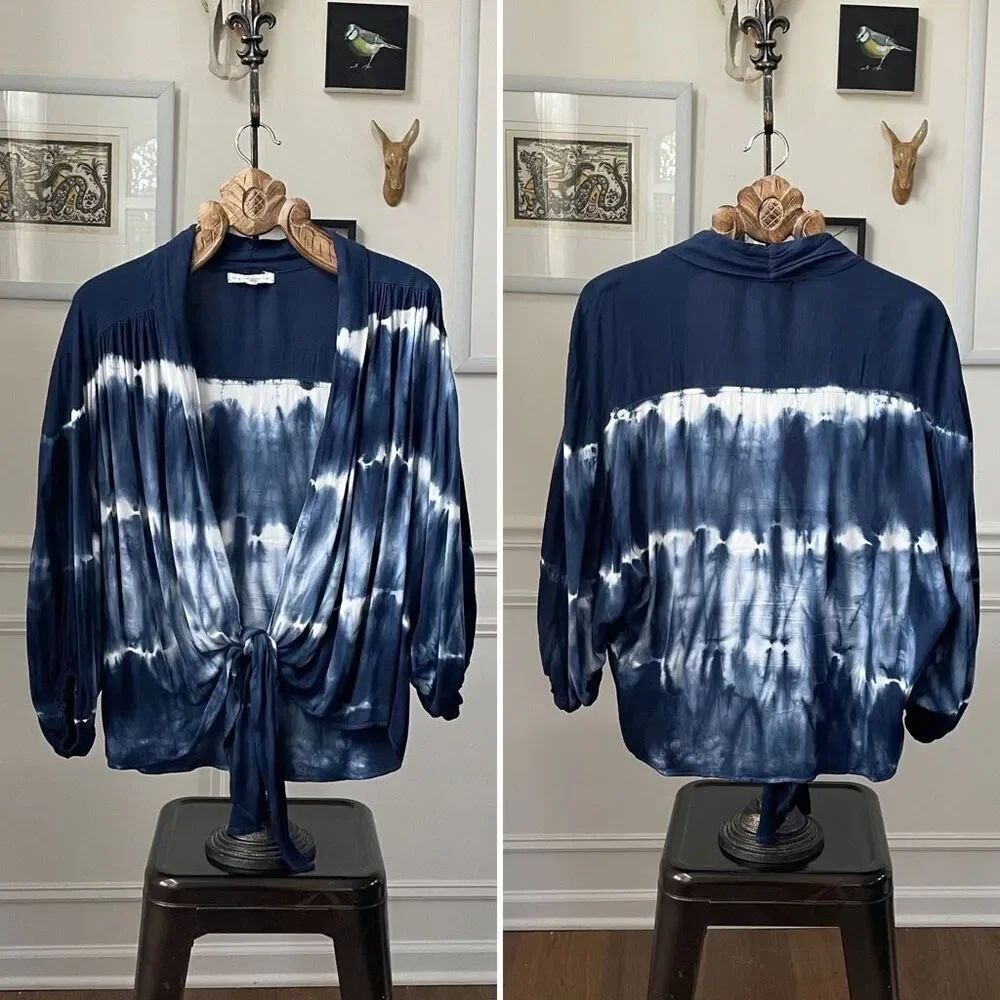 Young Fabulous & Broke Reverse Tie Dye Indigo Blue Kimono Knot Front Shirt M